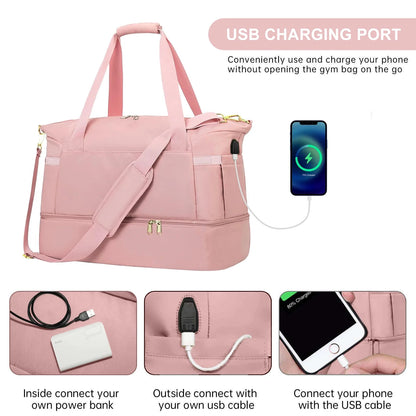 Travel Duffel Bag for Women, Gym Bag with USB Charging Port, Large Weekender Overnight Bag with Wet Pocket and Shoes Compartment for Travel, Gym, Yoga, Pink